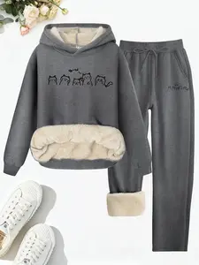 Women's Fleece Lined Hooded Sweatshirt Sweatpants Set, Cartoon Cat Print, Casual Fall & Winter, Warm Two-Piece Set for Daily Wear