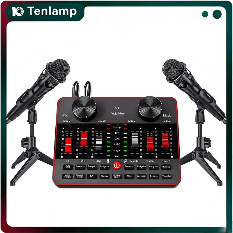 Podcast Microphone & Live Sound Card Audio Mixer Bundle, 2 Pcs 3.5mm Condenser Mics with Voice Changer & Denoise for PC/Phone Live Streaming Singing