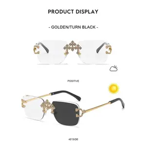 Chrome Hearts Photochromic Rimless Sunglasses for Men & Women, Luxury Gold Crystal Cross Detail Square Eyewear, Clear-to-Dark UV400 Fashion Glasses with Free Leather Case