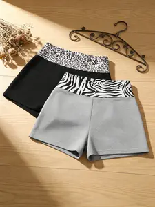 Wild Fashion Sport Shorts Set, Leopard & Zebra Patchwork High Waist Yoga Pants, Elastic Hip Lifting, Suitable for Fitness, Running, Casual Wear, Soft Stretch Shorts, Sports Shorts Set