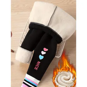Winter Fleece-Lined Leggings for Girls - Polyester Knit Fabric with Elastane - Casual Style Medium Stretch Alphabet Pattern - Rib-Knit Detailing - Regular Skinny Fit for Kids Over 3 Years Old - Thick Thermal Pants with Love Heart Print