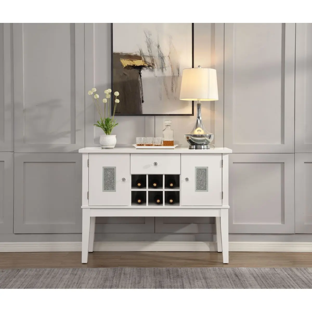 Elizaveta 3-Section Composite Panel Cabinet, Faux Crystal Diamond Accent, White High-Gloss Finish Server with On-Site Storage, Glass Door Shelving Unit for Living Room Indoor Furniture, 3-Section Cabinets, Composite Panel Cabinets