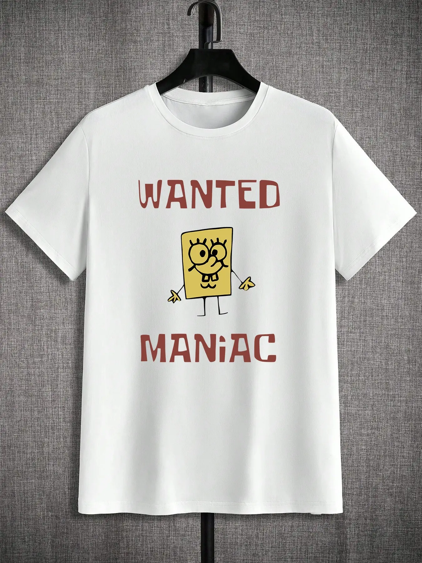 Anime Trendy Men's Spongebob Wanted Funny Print Outstretched T-Shirt, Streetwear Round Neck Teenager School Daily Wear, Eye-Catching Casual Fitted Long Sleeve Top