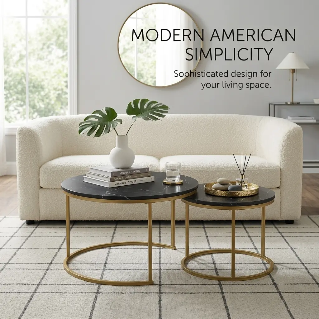 Nesting Coffee Table Set of 2 with Marble Pattern Top, Round Side Tables with Sturdy Metal Frame, Space-Saving End Tables for Living Room Balcony Bedroom
