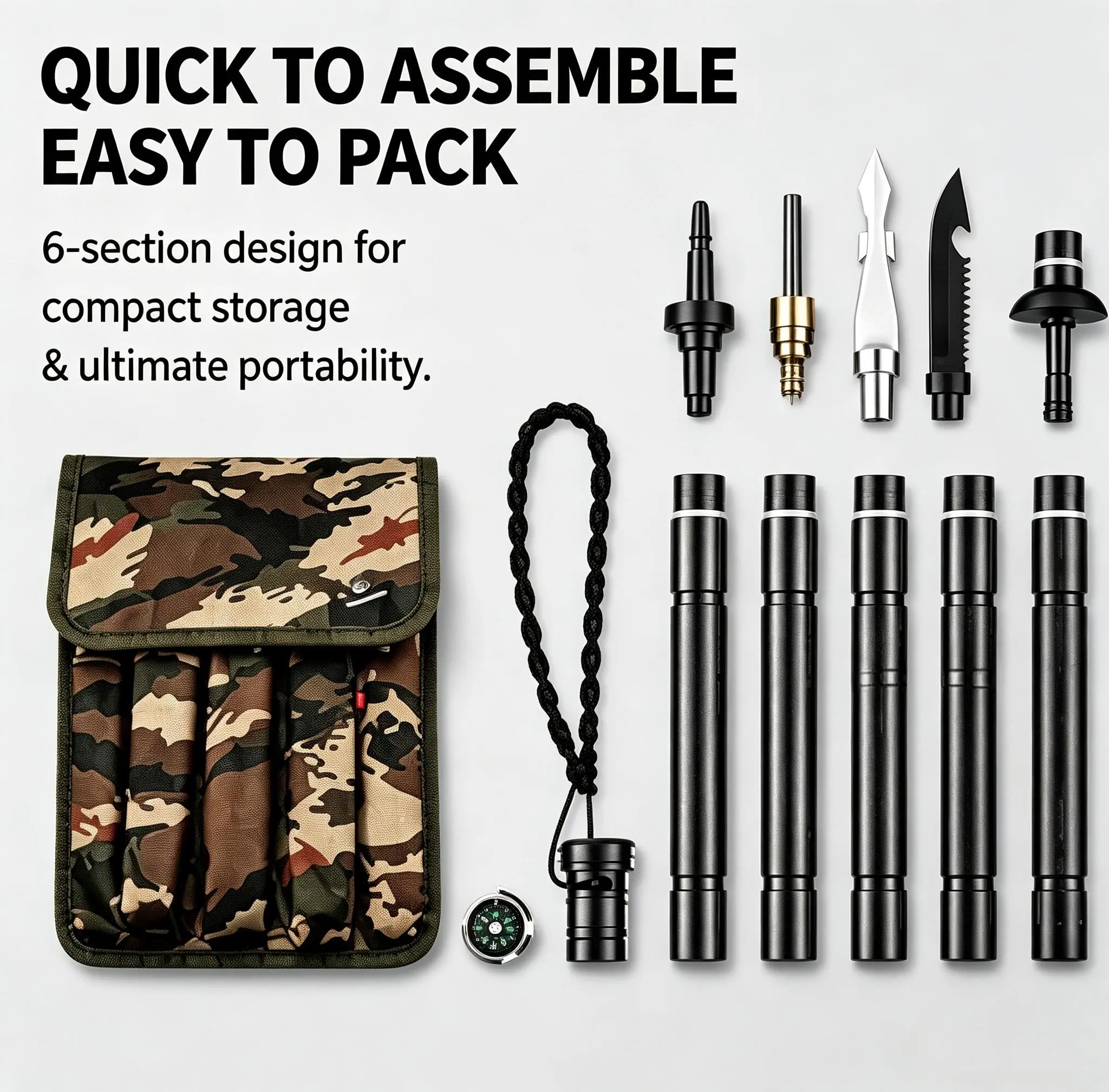 Adjustable Metal 6-Modular Sections Survival Trekking Pole - 9-in-1 Multi-Tool Kit Hiking Staff with Knife, Fire Starter, Whistle, Compass, Spear Tip, Collapsible Portable Camping Walking Stick with Storage Pouch for Backpacking, Wilderness Adventures
