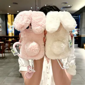3D Cute Cartoon Rabbit Ears Warm Furry Plush Bunny Phone Case With Lanyard For iPhone 15 14 13 12 11 16 Pro Max Shockproof Cover
