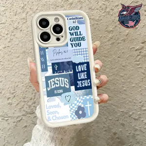 Blue Christian Jesus Bible Verse Aesthetic Collage Pattern for iPhone 17 16 15 14 Pro Max 13 12 11 Air XR XS Plus Slim Shockproof Protective TPU Case