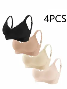 Women's Seamless Wireless Bras 4-Pack - Basic Soft Spandex Fabric Everyday Bras with Full Coverage, Adjustable Flat Straps, Breathable Design, Push Up Support, Jelly Light Feel, Perfect Gift for Mom Womenswear