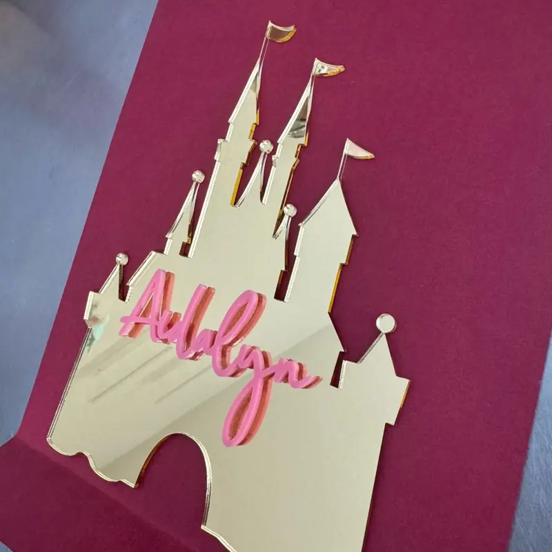 Castle Acrylic Caketopper with Custom Msg - Personalized Gold Castle Design for Party Decorations