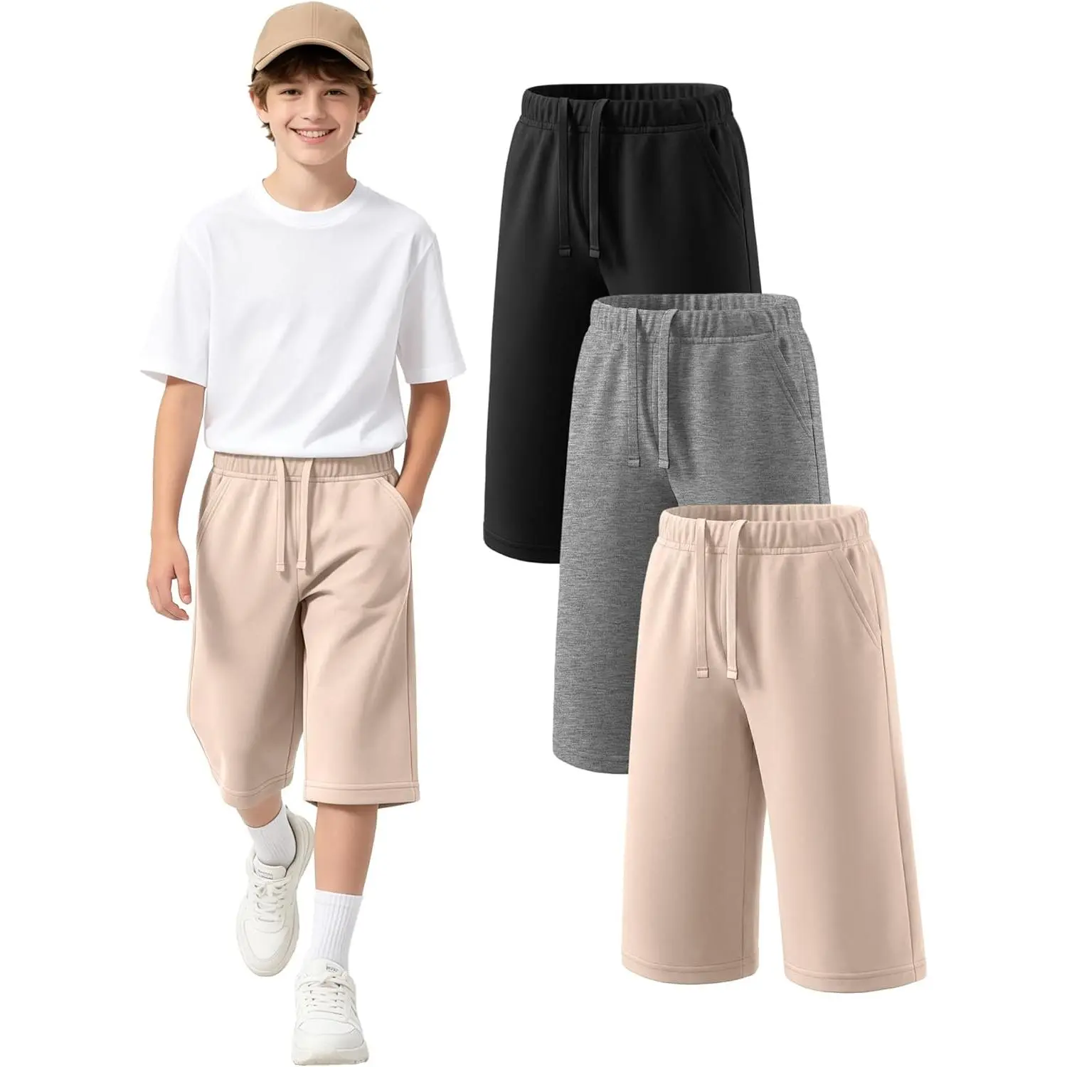 3 Pack Boy's Summer Long Shorts | Summer, Below Knee Shorts, Wide Leg, School Uniform, Cropped Capri Pants, with Pockets, for Kids 6-16 Years