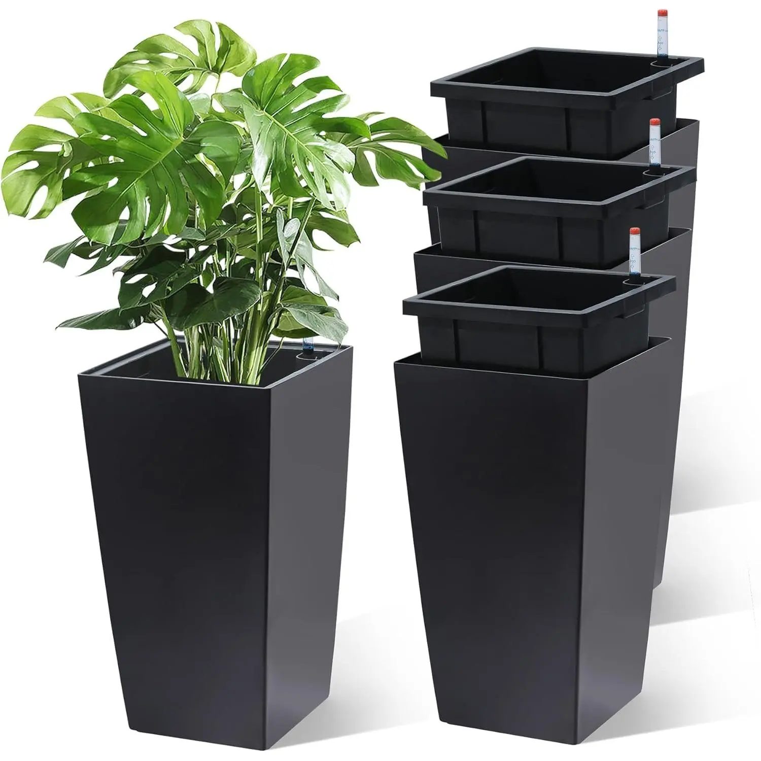 Set of 4 16in Tall Large Resin Planters for Outside with Drainage Holes, Water Level Monitor, Inner Bucket - Large Flower Pots for Container Gardening, Planting Pots (Garden, Front Porch Use)