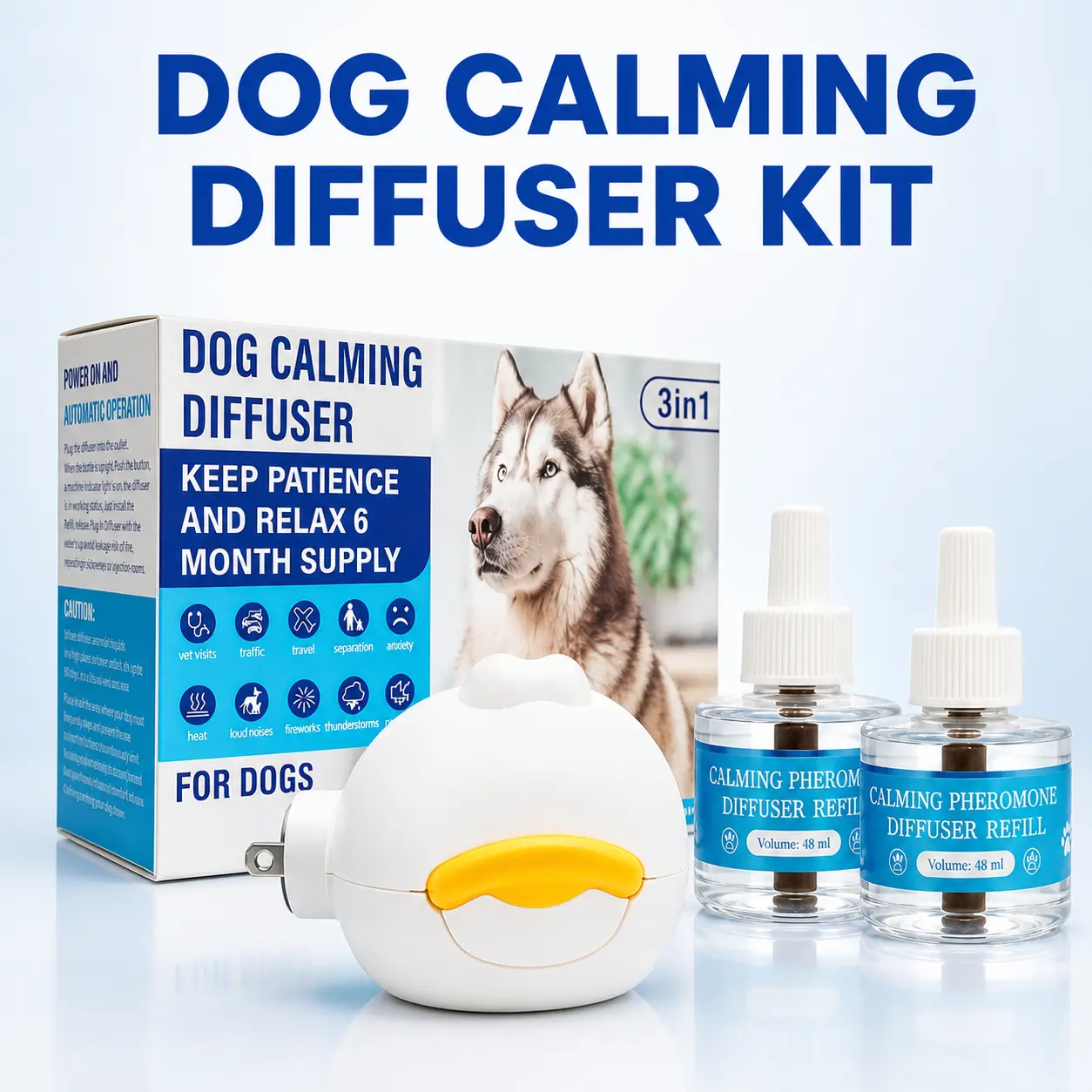 Dog Calming Diffuser Kit with Soothing Pheromone Refill, 48ml Natural Dog Anxiety Relief, Non-Drug & Non-Sedative, Easy Plug-In Diffuser for Stress, Separation Anxiety, Barking & Travel Comfort, Suitable for All Dog Breeds