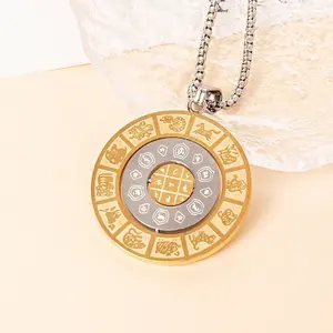 Zodiac rotatable Jiugong gossip pendant Titanium steel necklace Chinese style stainless steel transfer brand necklace