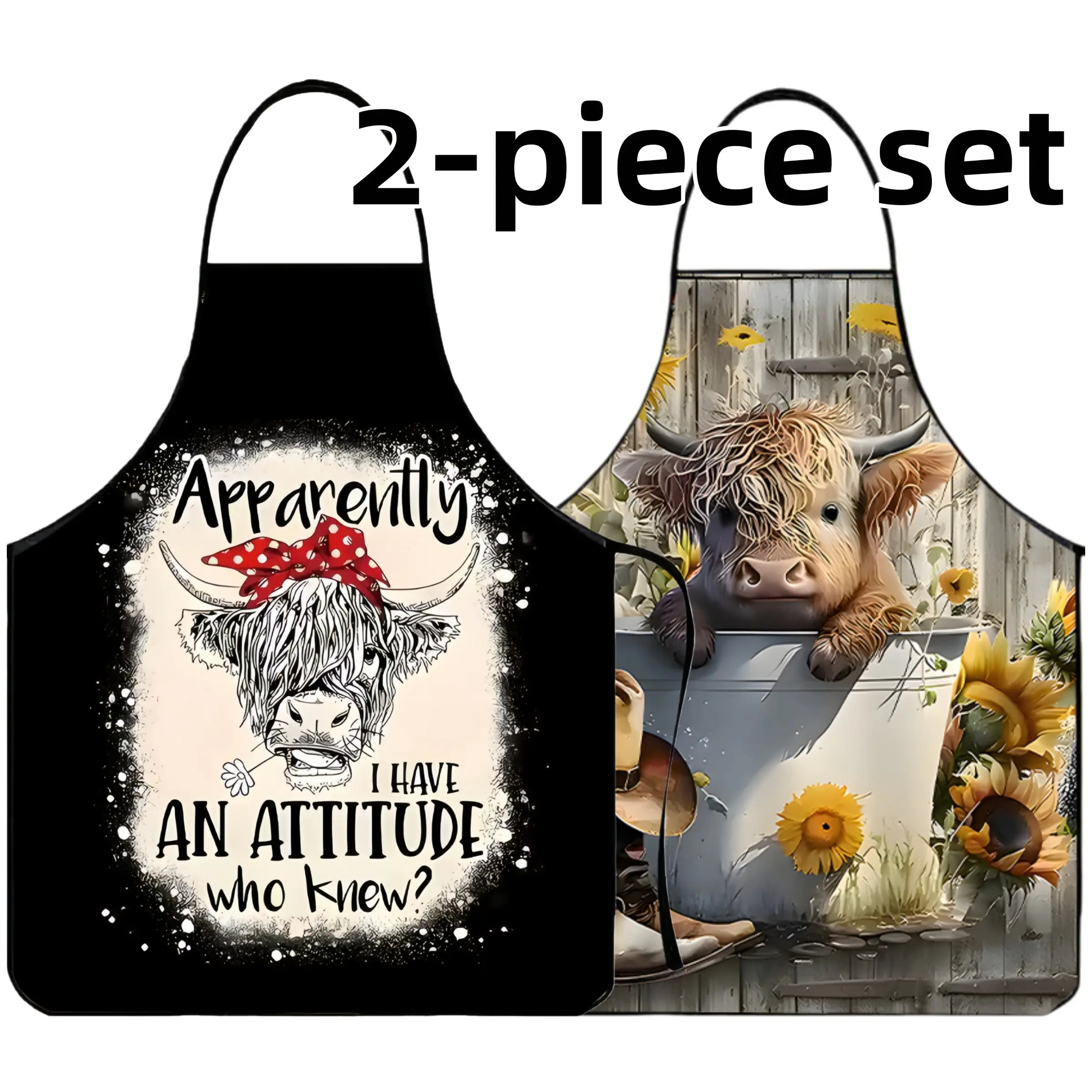 2-piece Set Cute High Land Cow Print Aprons,Polyester  Apron,Unisex Cooking Apron, Valentine's Day Gift, Apron for Women,Kitchen Essentials,Mother's Day Gift
