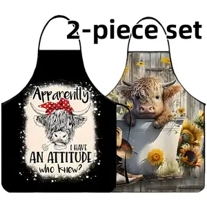 2-piece Set Cute High Land Cow Print highland cow pattern Aprons,Polyester  Apron,Unisex Cooking Apron, Valentine's Day Gift, Apron for Women,Kitchen Essentials,Mother's Day Gift