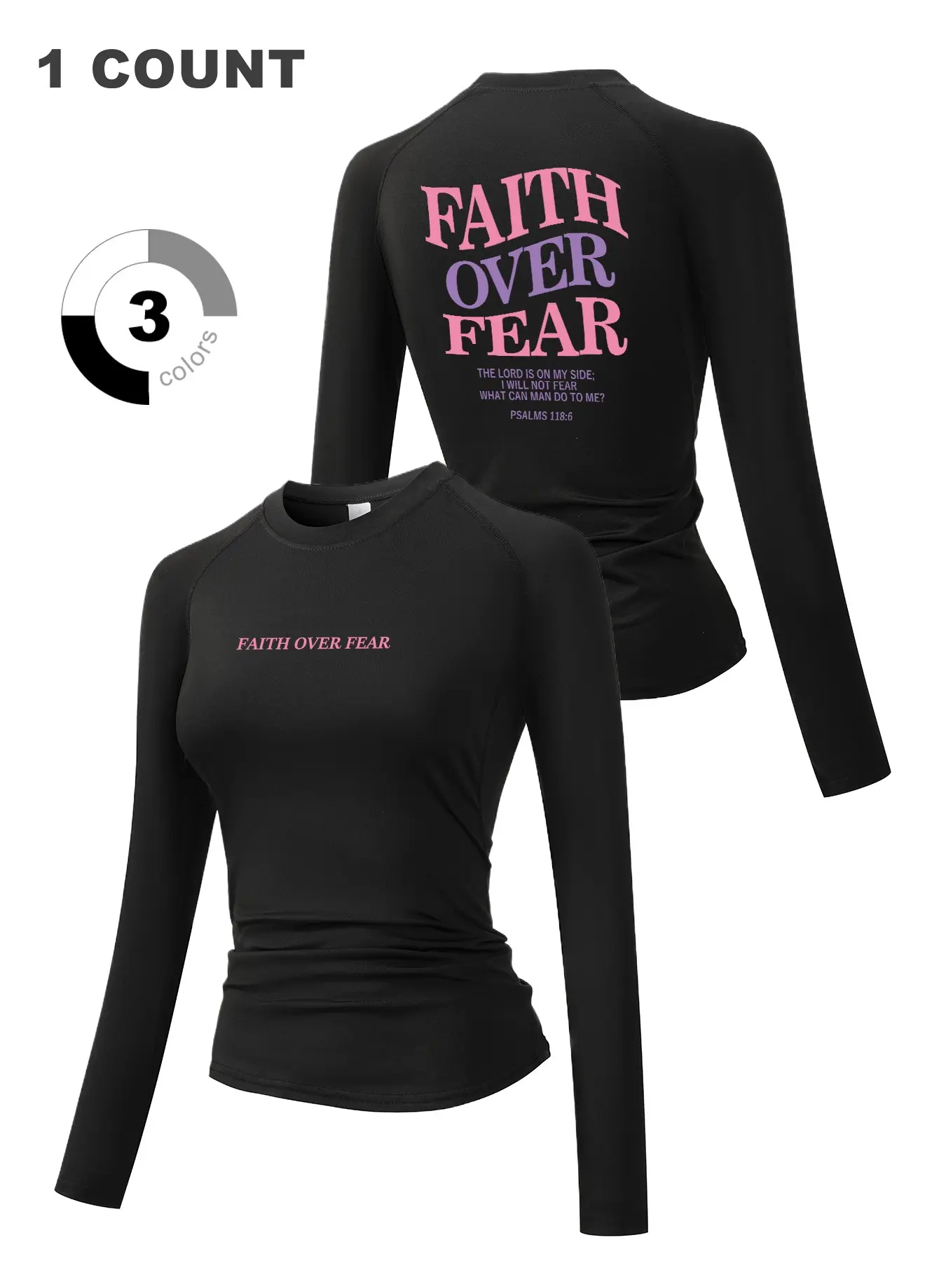 Women's Long Sleeve Sporty Top, Faith over Fear Graphic Print, Round Neck, Quick-Dry Breathable Stretch, Yoga Running Fitness Training Wear, Dry Fit Shirts