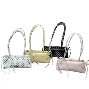 Chic Polka Dot Shoulder Bag with Bow, Korean Style Soft PU Baguette Purse for Women, Lightweight Underarm Commuter Bag, Bow Shoulder Bags