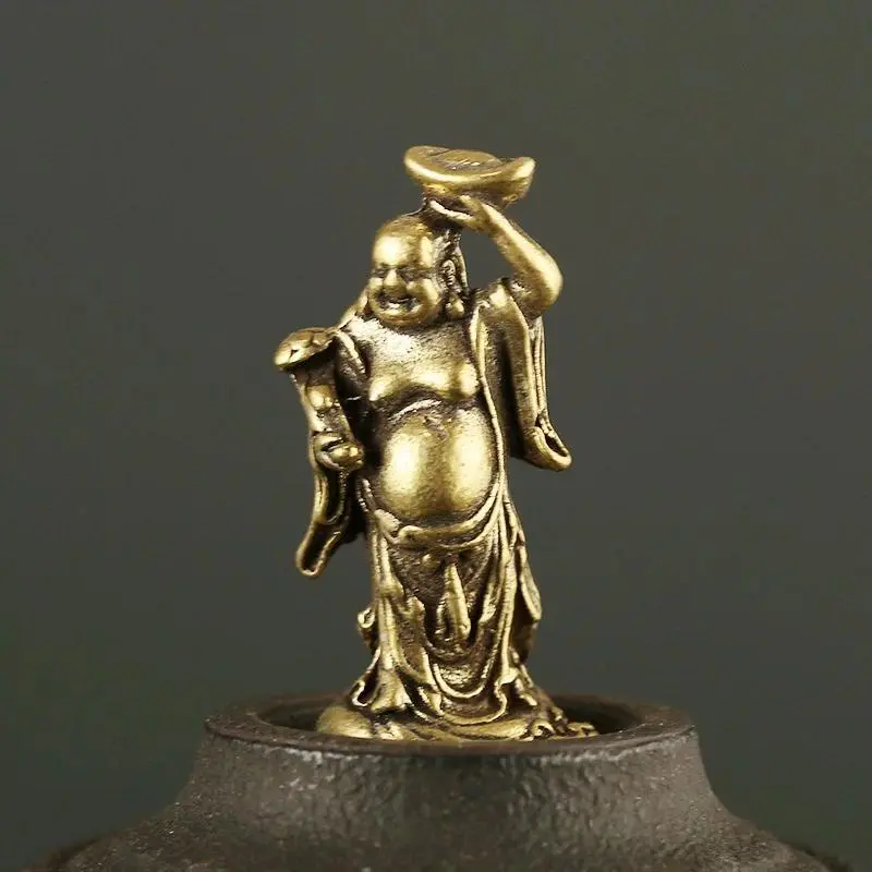 Religious Copper-Brass Mini Metal Maitreya Buddha Pocket Figurine - Figurines, Statues & Bobbleheads for Indoors Living Room Desk Home Decor Craft
