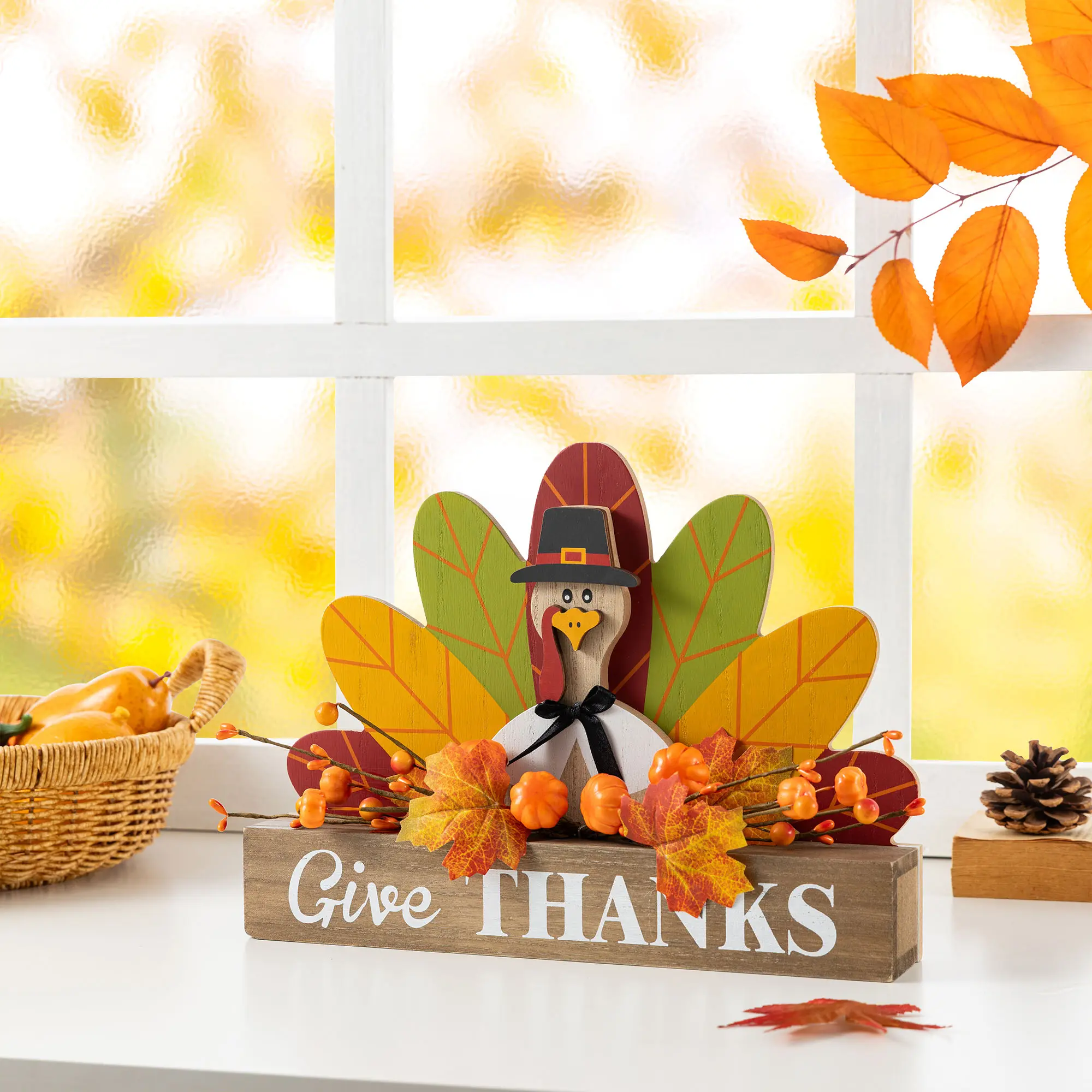 Glitzhome 11.75"L Thanksgiving Wooden Turkey Table Decor