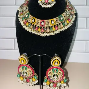 Multi-Color Necklace Set with Earrings & Tikka