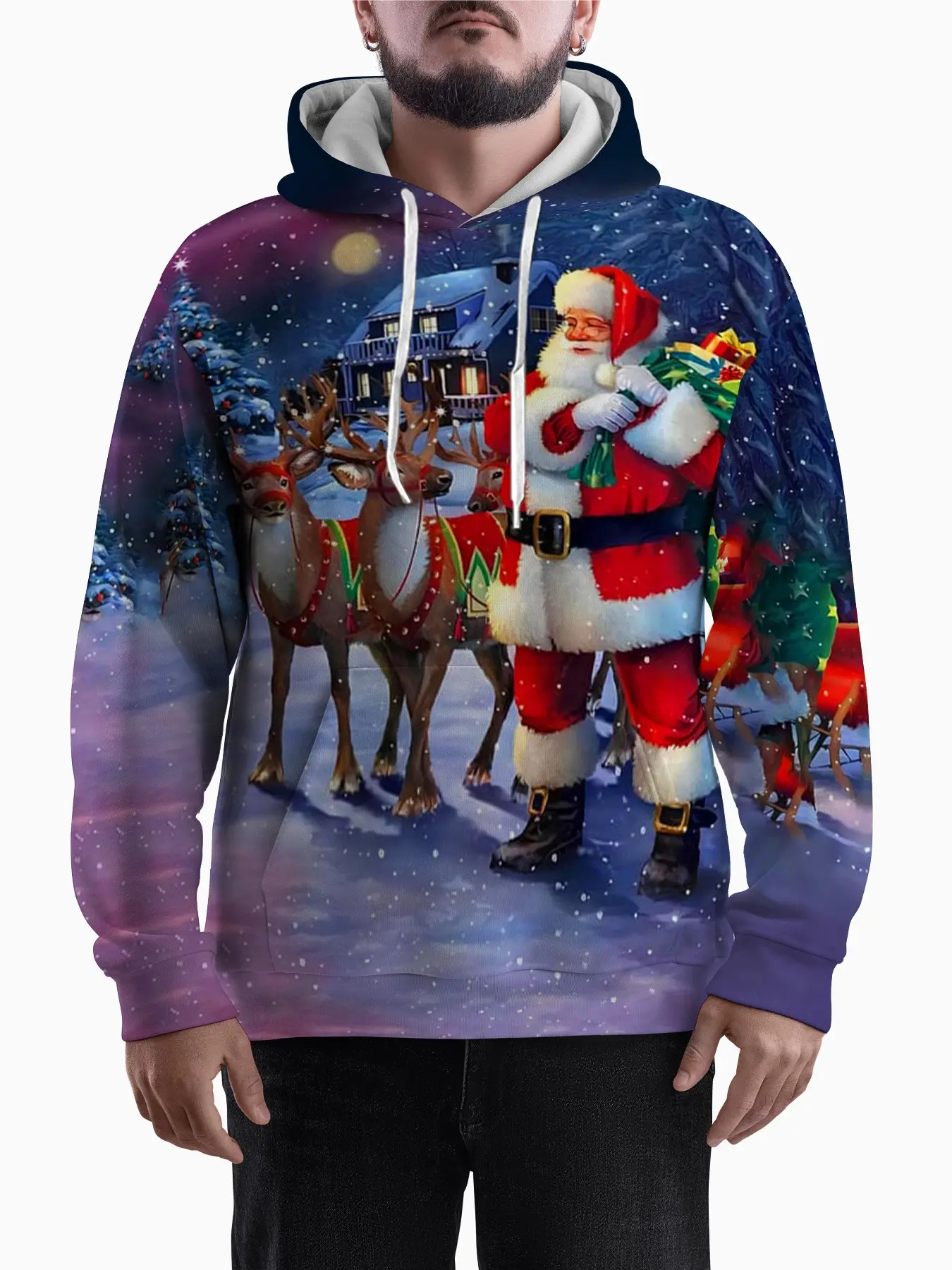 Men's Christmas Hoodie, Santa and Reindeer Snowscape Sweatshirt, Holiday Pullover, Casual Fitted Sweater for All Seasons, Casual Streetwear Sweatshirt