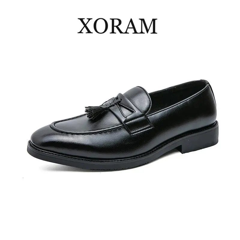 XORAM Men's British Style Tassel Loafers - Model 5223 Comfortable Black Brown Classic Leather Closed Heel Business Casual Slip-On Flat Footwear, Comfortable Loafers, Black Brown Loafers