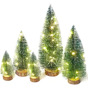 Mini Christmas Tree with Lights, Small Table Top Decorations, Desktop Miniature Pine Tree Xmas Holiday Decor Indoor , Bottle Brush Trees with Wooden Base, 5 count with Light