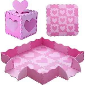 Foam Play Mat for Kids 25pcs Square Interlocking Puzzle Floor Mat Baby Toddler Playmat with Fence Pink Heart