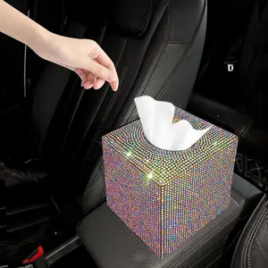 Rhinestone Decor Car Tissue Box, Bling Rhinestone Paper Holder, Tissue Storage Box, Decorative Tissue Cube Box for Cars, Offices, Kitchens