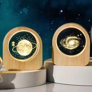 Creative LED Starry Sky Crystal Ball Glass Craft Decoration Wooden Base Solar System Galaxy Tanabata Valentines  Desktop Decor