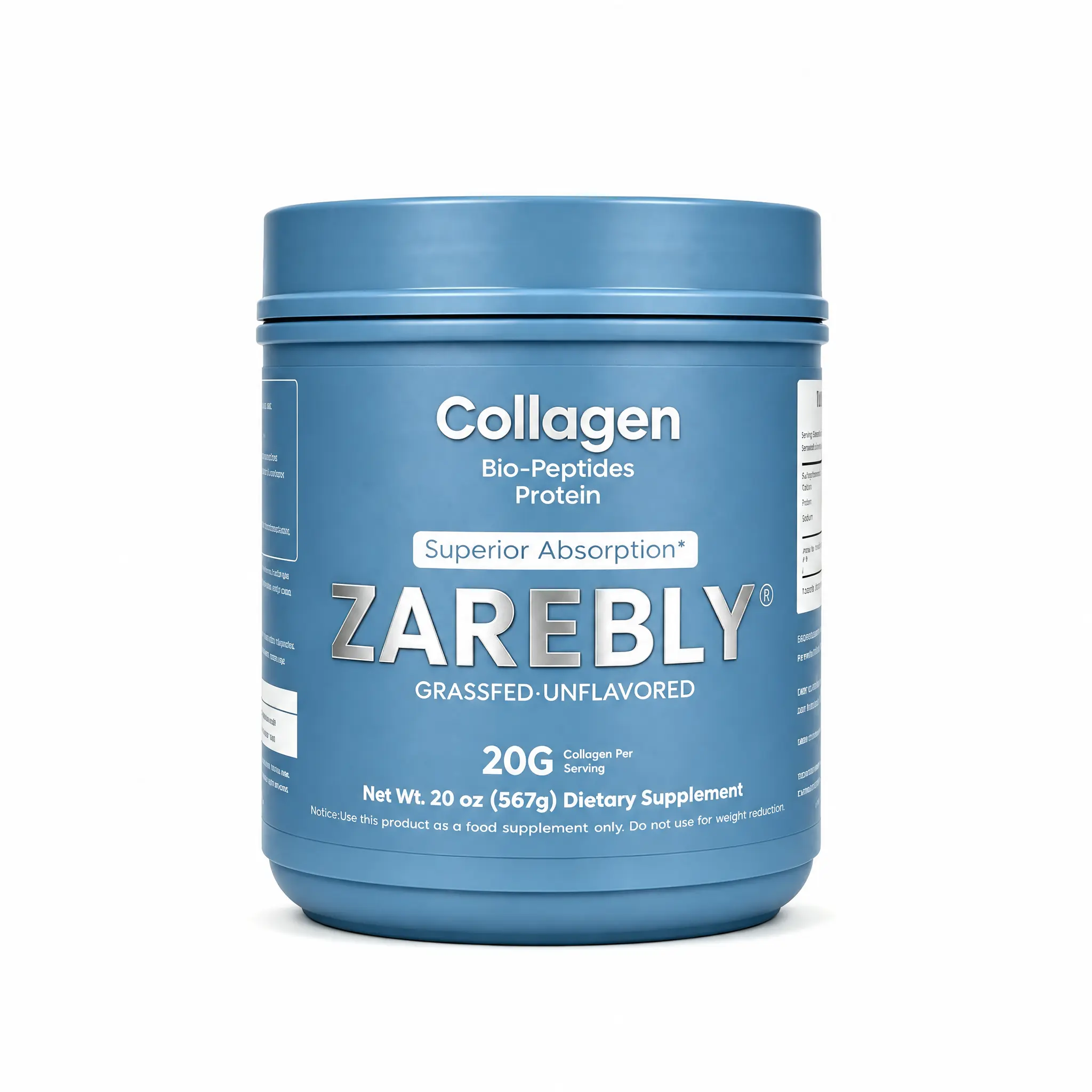 ZAREBLY Grass Fed Collagen Peptides Powder, 20g High Strength Hydrolyzed Collagen Protein, Unflavored Premium Bovine Collagen Supplement for Skin Hair Nails & Joint Health, Non-GMO, Sugar & Gluten Free, 20 OZ (567g)