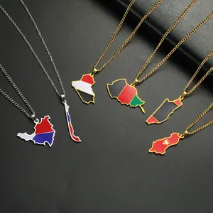 Fashion Country Map Enamel Pendant Necklace - 18K Gold Plated Stainless Steel National Flag Outline Design