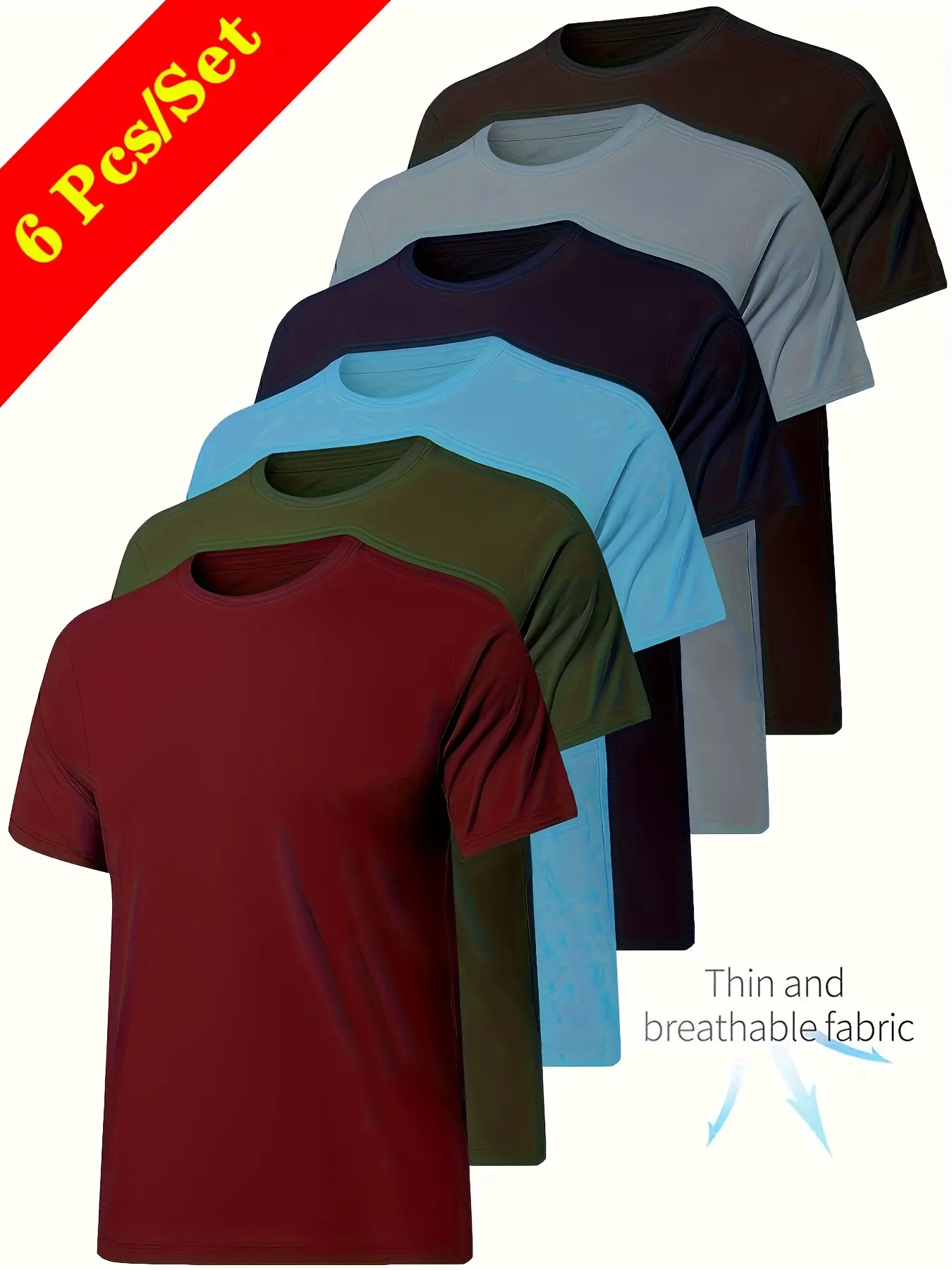 Men's 6-Piece Quick-Dry Short Sleeve T-Shirt Set, Summer Sweat-Wicking Breathable Fitness Shirt for Running, Sports, Outdoor Activities, Athletic T Shirt, Quick Dry Activewear, Athletic Apparel, Everyday Activewear, Fitness Sport Top, Activewear Clothes