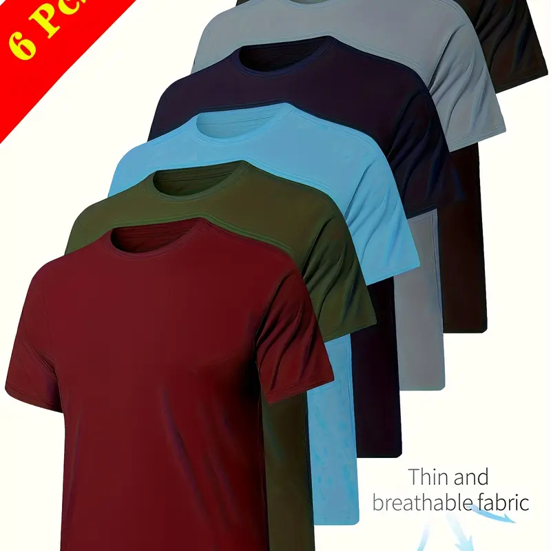 Men's 6-Piece Quick-Dry Short Sleeve T-Shirt Set, Summer Sweat-Wicking Breathable Fitness Shirt for Running, Sports, Outdoor Activities, Athletic T Shirt, Quick Dry Activewear, Athletic Apparel, Everyday Activewear, Fitness Sport Top, Activewear Clothes