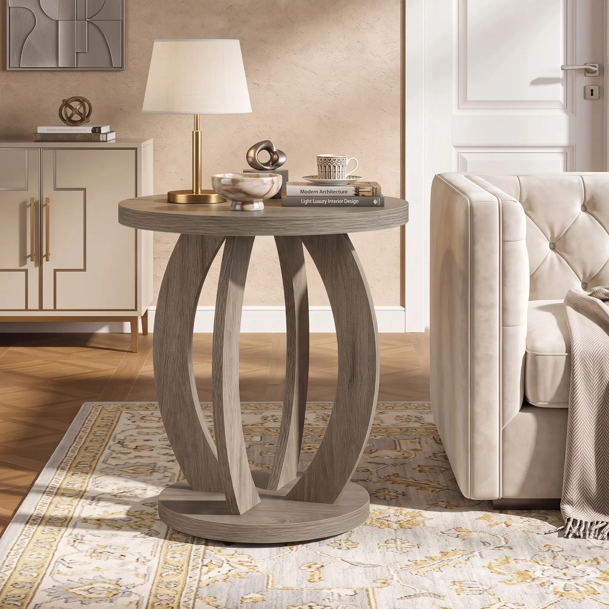 Spaco Round Wooden End Table– Modern Accent Side Table with Spacious Tabletop, Farmhouse Nightstand for Small Space, Living Room, Bedroom & Balcony