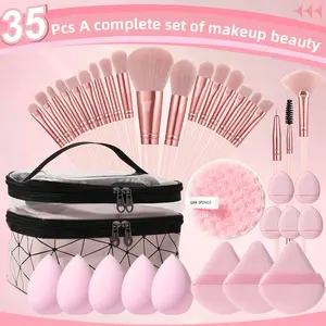 35pcs Face Makeup Tool Kit, 20Pcs Makeup Brushes & Toiletry Bag & 5 Large Makeup Sponge Puffs & 3 Fan Shape Puffs & 5 Thumb Puffs & Facial Cleansing Puff