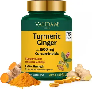 VAHDAM, Turmeric Ginger 1900mg - with 1500mg Curcuminoids | Added Ginger & Piperine for Fast Absorption | Supports Joint Health and Mobility | 90 Capsules