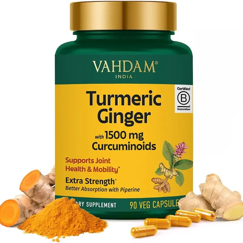 VAHDAM Turmeric & Ginger Dietary Supplement, 1900mg with 1500mg Curcuminoids, Piperine, Healthy Herbs, Vegetarian, Joint & Mobility Support for Adults, 90 Capsules, US Healthcare Food Supplement