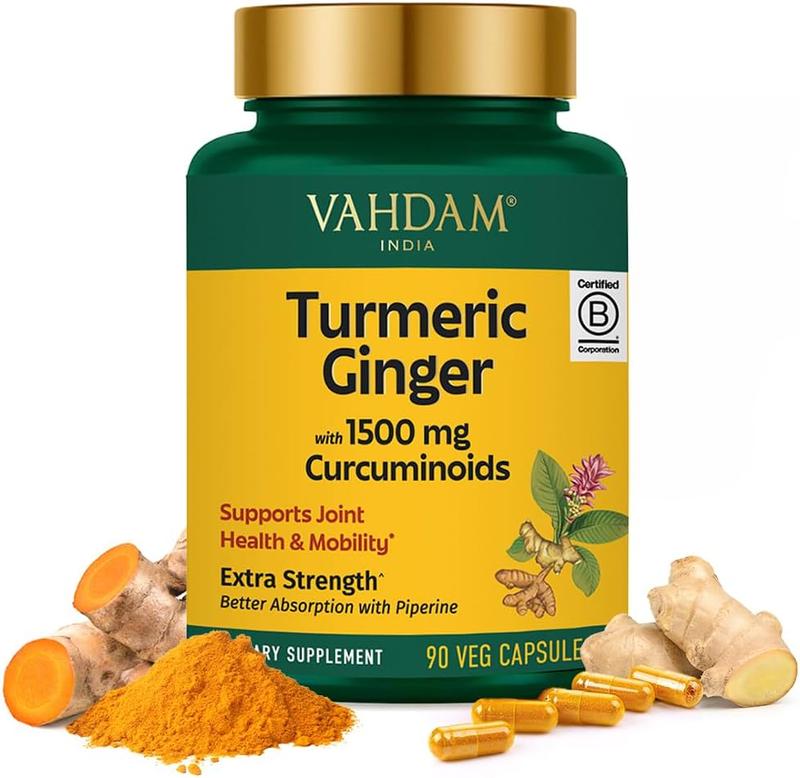 VAHDAM Turmeric & Ginger Supplement 1900mg | 1500mg Curcuminoids with Ginger & Piperine | Herbal Joint & Mobility Support | 90 Capsules | Food Supplement US Healthcare