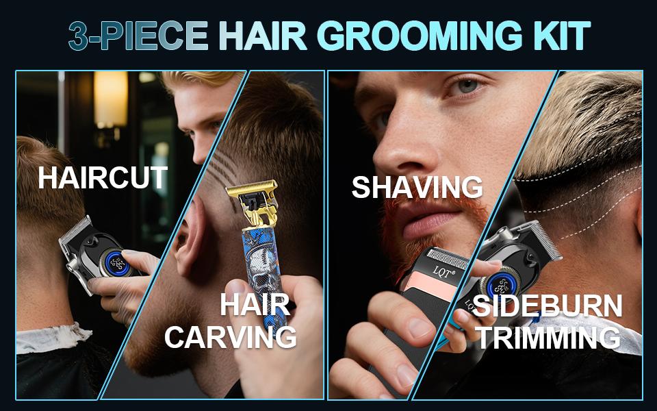 LQT Blue Gradient Skull Graffiti 3-in-1 Men's Grooming Kit, Cordless Hair Clipper with Blue LED Display, Gold T-Blade Trimmer & Shaver, Complete Rechargeable Barber Set for Salon & Home DIY Fades, Edges & Beard Styling