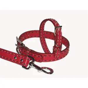 A Pets World 03011304-12 Leather Dog Collar- Red-Chocolate Saddle Stitch