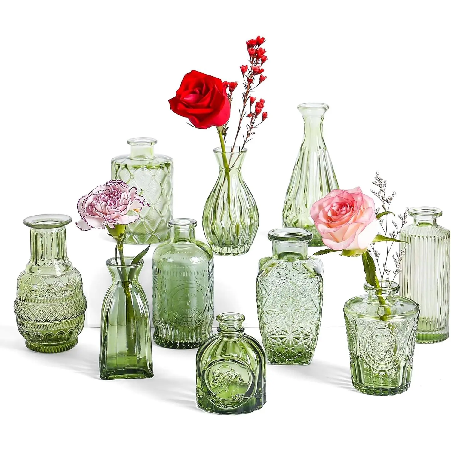 Small Glass Vases Set of 10,Mini Bud Vases , Glass Vases for Centerpieces,Wedding Decorations,Home Table Flower Decor (Hunt Green)