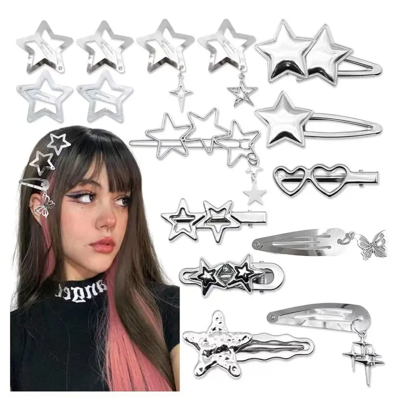 Y2K Star Hair Clips Set, Silver Color Snap Non-Slip Design, Perfect for Party & Music Festivals, 15/18/20pcs Metal Barrettes Hairpins Fashion Hair Accessories, Super Cute Clips, Hair Decor, Hairclips