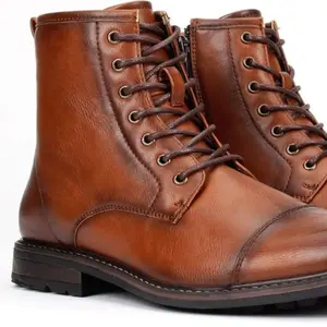 Jazamé Men's Carson Distressed Cap Toe Tall Motorcycle Military Combat Dress Boots Faux Leather Vintage Style Round Toe Zip Closure All Seasons Casual Shoes