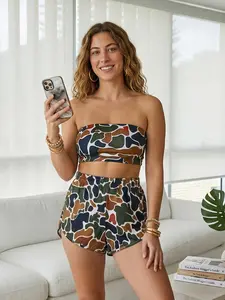 Women's Camo Print 2-Piece Outfits Sleeveless Cropped Top & Shorts Set, Matching Casual Fashion Breathable Elastic Outfit for Daily Outdoor Wear, Ladies Clothes for Summer
