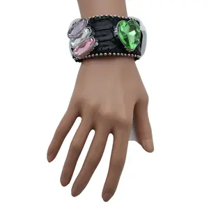 TFJ Women Leather Bracelet Western Fashion Jewelry Silver Metal Green Heart Purple Lavender Beads Black