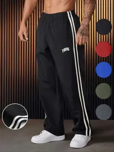 Men's Letter & Striped Print Pockets Pants, Regular Fit Casual Comfy Breathable Pants for Outdoor Daily Wear, Men's Trousers for All Seasons