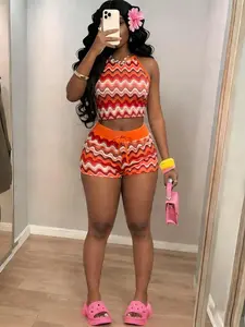 Retro Wave Print Halter Top & Shorts Two Piece Set, Women's Y2K Style Casual Fashion Outfit for Party & Streetwear