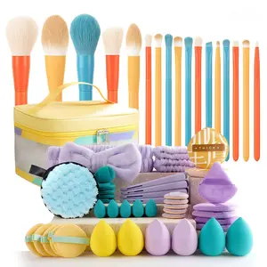 Rainbow Makeup Brush Set 59 Pieces with Beauty Sponge and Bag, 17 Brushes + Multiple Sponges, Professional Makeup Tools Kit, Blurring Brush Set