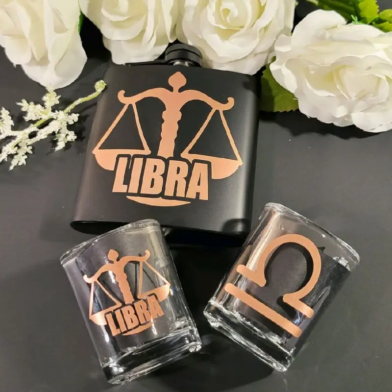 Libra Zodiac Flask Set Matte Black Stainless Steel Flask 2 Square Shot Glasses & Mini Funnel for Libra Enthusiasts Drinkware with Celestial Artwork